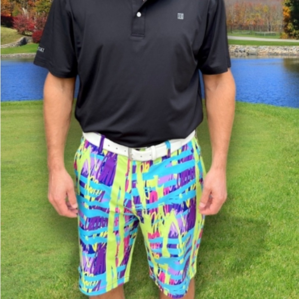 Hreski Colorful Green Blue Purple Lines Abstract Quick Dry Golf Shorts Size 34